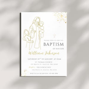 Editable Boy Baptism Invitation Template, Modern Golden Baptism Invite, Photo Baptism Invite, Gold Christening Invite, Jesus with Children