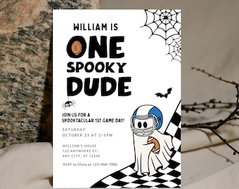 May include: A rectangular invitation card featuring the text WILLIAM IS ONE SPOOKY DUDE. The design includes a ghost wearing a football helmet and holding a football, spiderwebs, a spider, a bat, and a black and white checkered pattern.