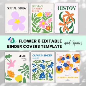 May include: Six editable binder covers featuring floral illustrations and text including Social Study, Olivia's Garden Book, Histoy, Math, Olivia's Binder, and Olivia's Science Notbook. The designs use various colours like pink, yellow, orange, blue, and green.