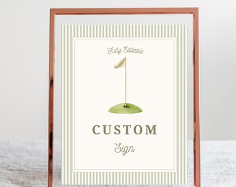 May include: A rectangular sign in a copper-colored metal frame featuring a white background with light green vertical stripes. The center displays a watercolor golf hole graphic with a flag, the text Fully Editable, CUSTOM, and Sign.