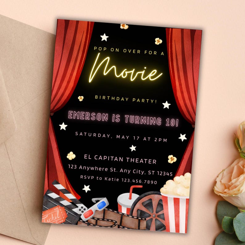 Movie Birthday Party Invitation Template, Editable Cinema Birthday ...