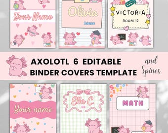Editable Axolotl Binder Covers and Spines for Girl, Personalised Binder Cover, Take-Home Binder Folder, Pink Notebook Covers Templates