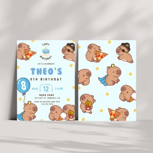 Invitación de cumpleaños editable de carpincho para niño, plantilla de invitación de cumpleaños de carpincho azul, invitación de cumpleaños para niño, invitación para cualquier edad