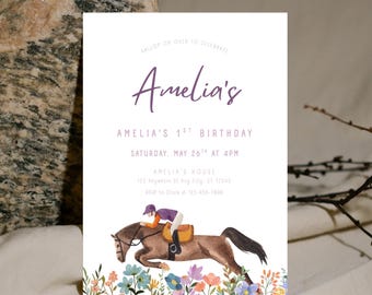Horse Birthday Invitation, Editable Gallop on Over Girl 1st Birthday, Watercolor Wildflowers Horseback Riding Party, Cowgirl Invite