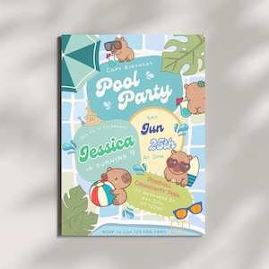 Editable Capybara Pool Party Birthday Invitation, Pool Birthday Party Invite Template, Capybara Summer Birthday Invite, Swimming Party