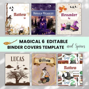May include: Six editable binder covers and spines featuring fantasy-themed illustrations including owls, witches on broomsticks, castles, cauldrons, books, and scrolls. The designs include personalised names such as Matthew, Ronald Weasley, Alexander, Lucas, and William.