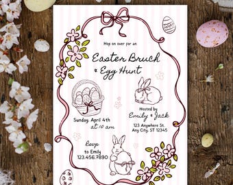 Easter Brunch Invitation Template, Editable Easter Sunday Party Invite, Hand Drawn Whimsical Easter Egg Hunt Church Invite