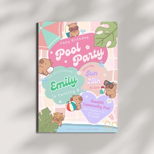 Editable Capybara Pool Party Birthday Invitation, Girl Pool Birthday Party Invite Template, Capybara Summer Birthday Invite, Swimming Party