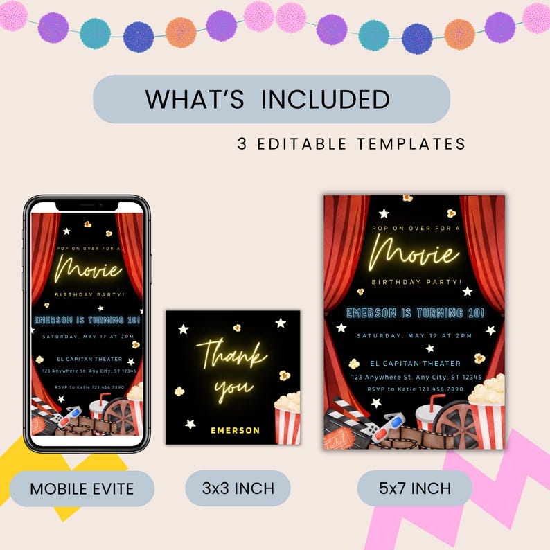 Movie Birthday Party Invitation Template, Editable Cinema Birthday ...