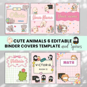 Editable CuteAnimals Binder Covers and Spines for Girl, Personalised Binder Cover, Take-Home Binder Folder, Pink Notebook Covers Templates