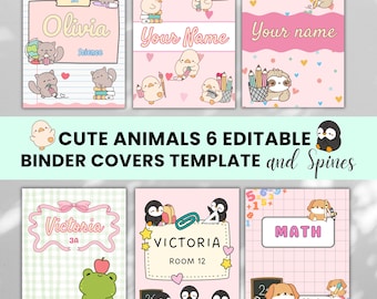 Editable CuteAnimals Binder Covers and Spines for Girl, Personalised Binder Cover, Take-Home Binder Folder, Pink Notebook Covers Templates