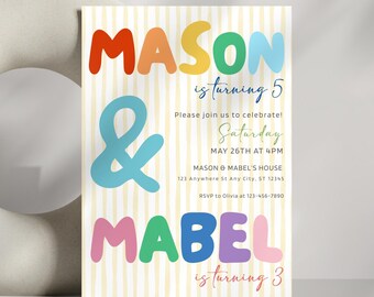 Colorful Joint Birthday Invitation, Editable Sibling Double Birthday Party, Twins Birthday Invite