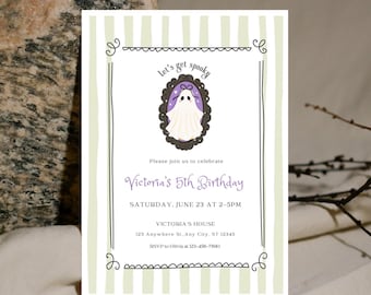 May include: A rectangular birthday invitation card with a light green striped background and a black hand-drawn border. The center features a ghost in a purple oval frame with the text Let's get spooky, Victoria's 5th Birthday, Saturday, June 23 at 2-5PM, Victoria's House, 123 Anywhere St., Any City, ST 12345, and RSVP to Olivia at 123-456-7890.