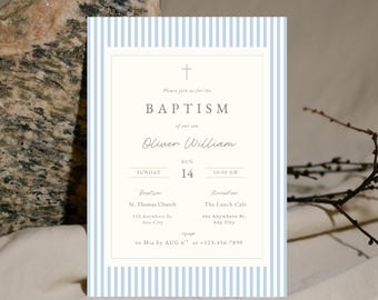 May include: Baptism invitation with a light blue striped border and a cream-colored center. The invitation includes the text "BAPTISM of our son Oliver William" and details for the event on August 14th at 10:00 AM.