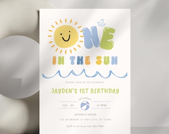 One In the Sun First Birthday Invitation Template, Editable Boy 1st Birthday Invite, First Pool Party, Summer Birthday