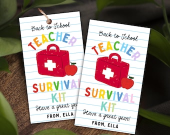 May include: Two rectangular white gift tags with blue horizontal lines, featuring the text Back to School, TEACHER SURVIVAL KIT, Have a great year!, and FROM, ELLA. Each tag displays a red first aid kit illustration and a red apple.