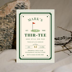 May include: A rectangular invitation card with a cream background and light green vertical stripes. The text reads: MARK'S THIR-TEE AND STILL ON PAR, EST. 1996, SATURDAY JUL 12 2-4PM, GREENHILL GOLF CLUB, 123 ANYWHERE ST., ANY CITY, ST 12345, ESVP TO KATIE 123.456.7890.