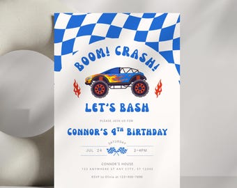 Editable Monster Truck Birthday Invitation Template 5x7" ANY AGE Boom Crash Monster Bash Party Invite For Boys Jam