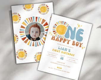 One Happy Boy First Birthday Invitation Template, Editable Retro Sunshine 1st Birthday Invite, Boho Sun Theme Party