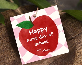 May include: A square gift tag featuring a pink and white checkered background and a large red apple illustration. The text reads Happy First day of School! and love, Amelia. A small hole is punched at the top for a string attachment.