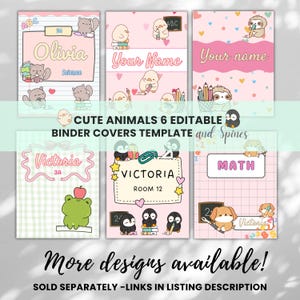 May include: A collection of six binder covers with cute animal illustrations. Each cover features a different design, including a cat, chick, sloth, frog, and penguin. The covers are pink and white with text that reads "Olivia", "Your Name", "Victoria", and "Math".