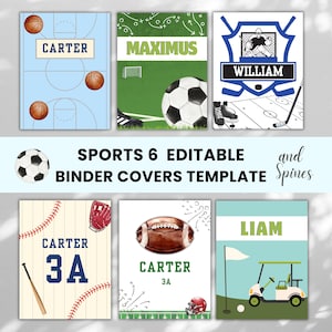 May include: Six editable sports-themed binder covers featuring basketball, soccer, hockey, baseball, football, and golf designs. Each cover displays custom names like Carter, Maximus, William, and Liam, along with various sports equipment and field graphics.