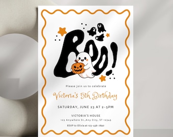 May include: A white rectangular birthday invitation card with an orange wavy border. It features the text BOO! in large black letters, a small white ghost holding an orange jack-o'-lantern, and orange stars. Text includes Victoria's 5th Birthday, Saturday, June 23 at 2-5PM, Victoria's House, 123 Anywhere St., Any City, ST 12345, and RSVP to Olivia at 123-456-7890.