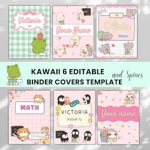 May include: Six editable binder cover templates featuring pastel colours and cartoon characters like frogs, chicks, cats, dogs, penguins, and sloths. The designs include text fields for names and subjects, with school-themed graphics like pencils, books, and chalkboards.