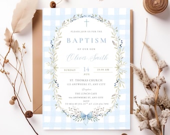 Plantilla de invitación de bautizo con flores silvestres para niño, invitación editable con foto azul, invitación de bautizo con cuadros azules, invitación de bautizo