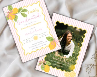 Freshly Graduated Graduation Announcement Template, Editable Pink Lemon Preppy Stripe Photo Senior Grad Party Invite for Girl