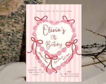 Vintage Bow Cake Birthday Invitation, Editable Pink Whimsical Hand Drawn Birthday Invite, All Ages Invite