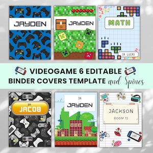 May include: Six binder covers with videogame themes. Designs include controllers, pixelated graphics, and the text "JAYDEN", "MATH", "JACOB", "LUCAS", and "JACKSON". The covers are in various colors, including blue, green, and black.