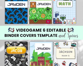 May include: Six binder covers with videogame themes. Designs include controllers, pixelated graphics, and the text "JAYDEN", "MATH", "JACOB", "LUCAS", and "JACKSON". The covers are in various colors, including blue, green, and black.
