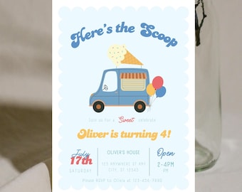 Editable Ice Cream Truck Birthday Invitation Template, Here's the Scoop Boy Ice Cream Party Invite, Any Age Invite