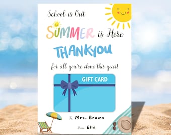 Portatarjetas de regalo imprimible para profesores de fin de año, regalo de agradecimiento para profesores en el último día de clases, portatarjetas de regalo de feliz verano para profesores.