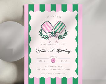 Pickleball Birthday Party invitation Template, Racquet Club Party invite, Pink and Green Preppy Pickleball Party