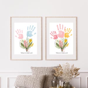 DIY Moederdag bloem handafdruk kunst, afdrukbare Moederdag twee handafdruk kunst cadeau, Moederdag kinderen ambachtelijke activiteit, Moederdagcadeau