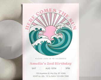 Here Comes the Sun Birthday Invitation Template, Editable Girl Retro Sunshine Birthday Invite, Boho Sun Theme Party