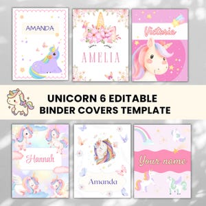 May include: Six editable binder cover templates featuring unicorn illustrations, floral accents, butterflies, rainbows, and stars. The designs include customisable name fields with the text Amanda, Amelia, Victoria, Hannah, and Your name in various fonts.