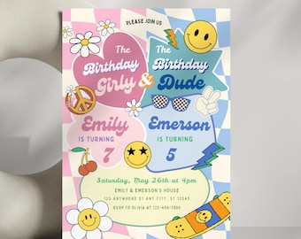 Boy Girl Joint Birthday Invitation, Editable Sibling Preppy Double Birthday Party, Retro Groovy Twins Birthday Invite
