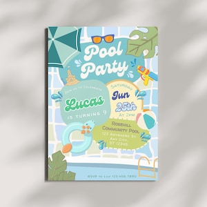 Editable Pool Party Birthday Invitation For Boys, Boy Pool Birthday Party Invite Template, Summer Birthday Invite, Swimming Party, Favor Tag
