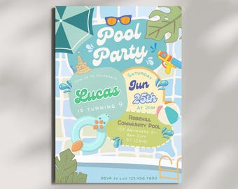 Invitación editable para fiesta de cumpleaños en la piscina para niños, plantilla de invitación para fiesta de cumpleaños en la piscina, invitación de cumpleaños de verano, fiesta de natación, etiqueta de recuerdo