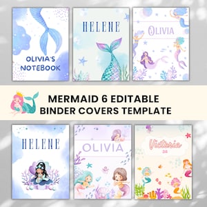 May include: Six editable binder covers featuring mermaid illustrations in watercolour style with pastel blue, purple, and pink tones. The text includes names like HELENE, OLIVIA, and VICTORIA 3A, along with the title MERMAID 6 EDITABLE BINDER COVERS TEMPLATE.