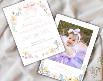 Pink Bow Wildflower Birthday Invitation Template, Spring Flowers Garden Party Invite, Editable Floral Birthday, Any Age Invite