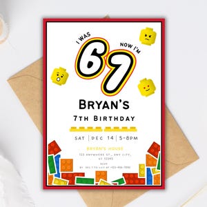 May include: A birthday invitation with a red border, featuring the text "I WAS 6 NOW I'M 7" in a playful font. The invitation includes the name "BRYAN'S" and "7TH BIRTHDAY". Lego-style graphics and details for the party are also included.