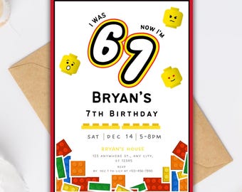 May include: A birthday invitation with a red border, featuring the text "I WAS 6 NOW I'M 7" in a playful font. The invitation includes the name "BRYAN'S" and "7TH BIRTHDAY". Lego-style graphics and details for the party are also included.