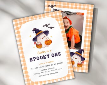 May include: A Halloween-themed invitation card featuring an orange and white gingham border, a watercolor ghost wearing a witch hat, and a photo of a child in a pumpkin costume. Text reads: Carter is a SPOOKY ONE, Saturday, October 23 at 2-5PM.