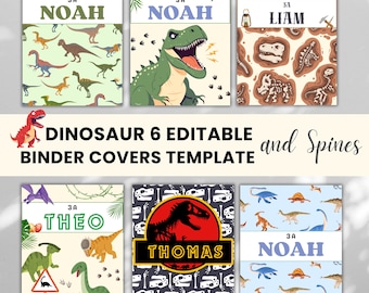 May include: Six editable binder covers with dinosaur themes. The covers feature various dinosaur illustrations, names, and the text "DINOSAUR 6 EDITABLE BINDER COVERS TEMPLATE and Spines". The color palette includes green, brown, and blue.