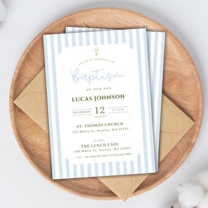 Modello di invito per battesimo per bambino modificabile, invito per battesimo blu classico stampabile, invito per battesimo con foto per bambino, invito per battesimo blu