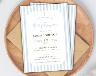 Editable Boy Baptism Invitation Template, Printable Classic Blue Baptism Invite, Boy Photo Baptism Invite, Blue Christening Invitation